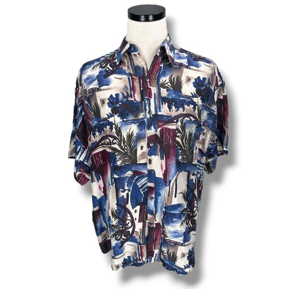 Vintage Structure Hawaiian Silk Shirt Men’s Large Multi Abstract Tropical Button - Picture 1 of 9